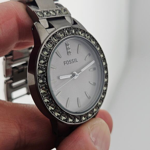 Fossil Women's Gunmetal Silver Bracelet Watch Rhinestone Crystal Bezel ES-3207 - Picture 3 of 7
